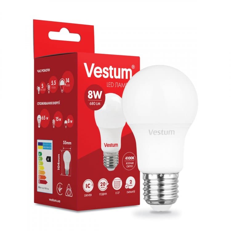 Лампа LED Vestum 1-VS-1107 А55 8W 4100K 220V E27 
