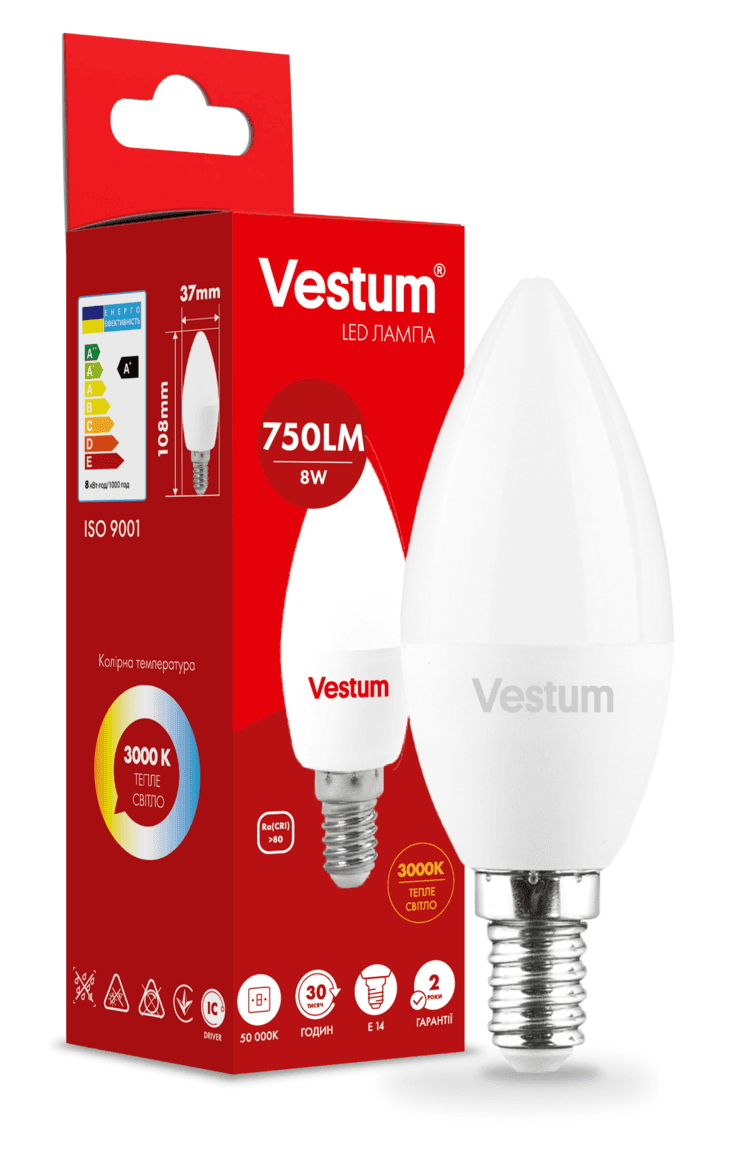 Лампа LED Vestum C37 8W 3000K 220V E14 1-VS-1312