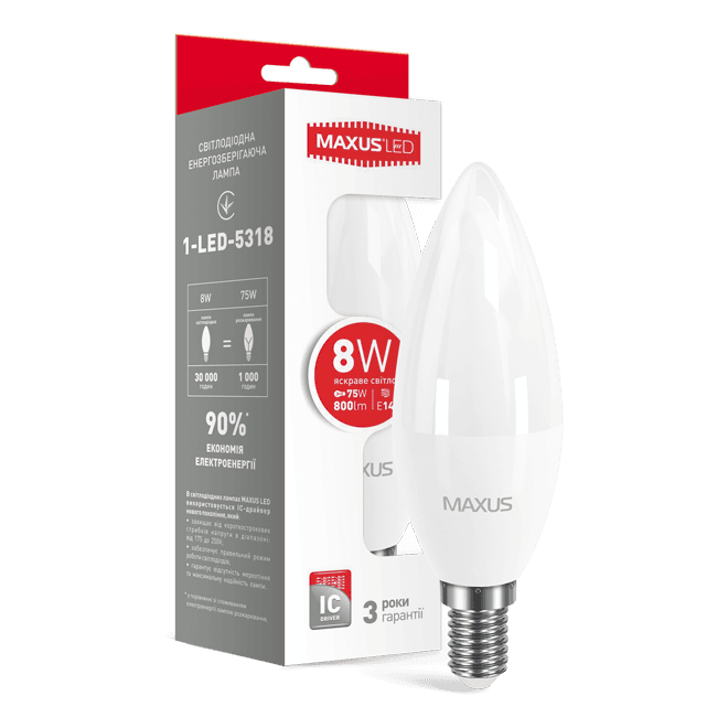 Лампочка Лед MAXUS 1-LED-5318 C 37 CL-F 8 W 4100K 220V E14