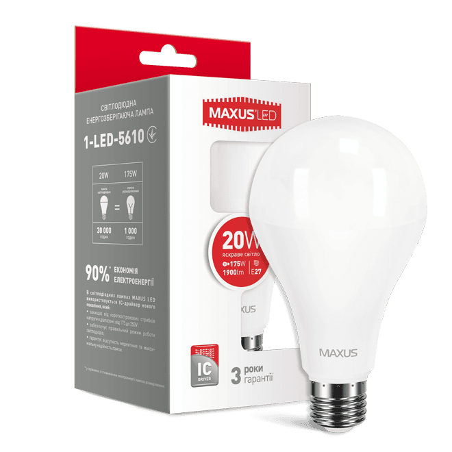 Лампочка Лед MAXUS A80 20W 4100K 220V E27 (1-LED-5610) (NEW)