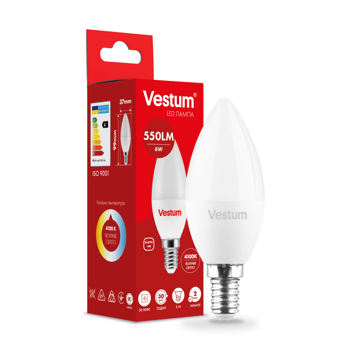 Лампа LED Vestum C37 6W 4100K 220V E14 1-VS-1303