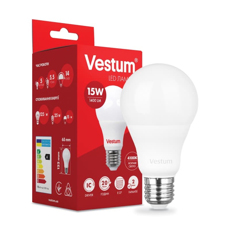Лампа LED Vestum А65 15W 4100K 220V E27 1-VS-1101