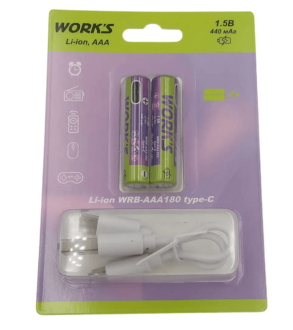 Батарейка акум.-Li-ion WRB-AAA180/AAA/type-c.440mAh.1000ц.2шт в бліст.WORKS