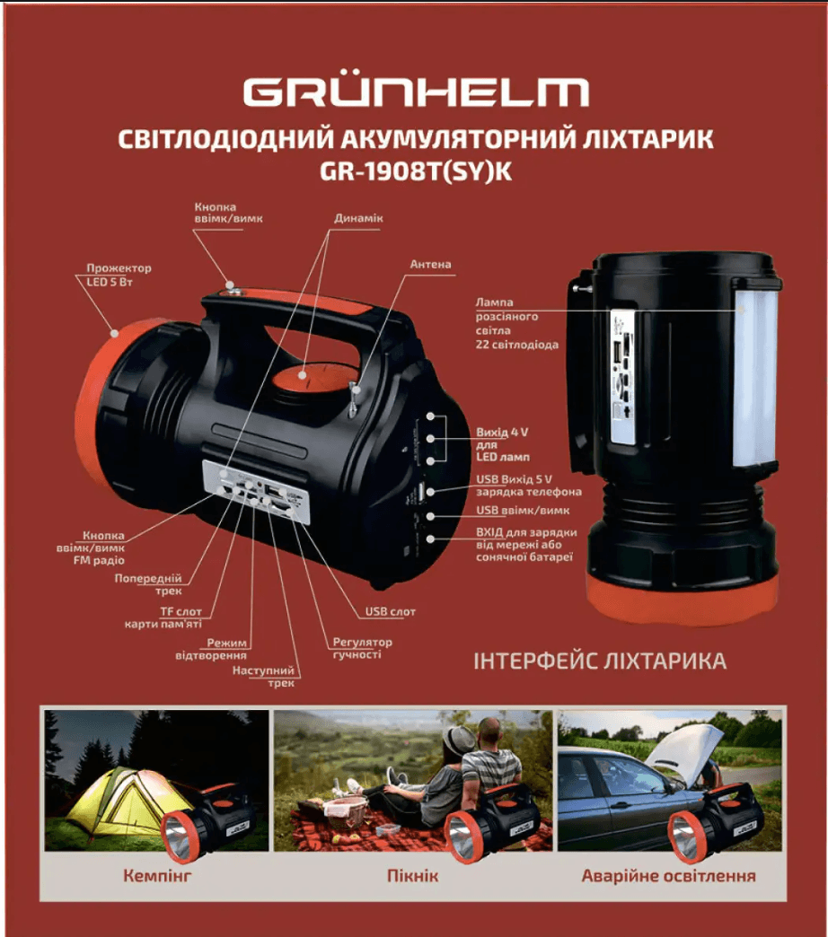 Ліхтарик GRUNHELM GR-1908T(SY)K (5W+22LED, 3х2000mAh) Радіо (124632)
