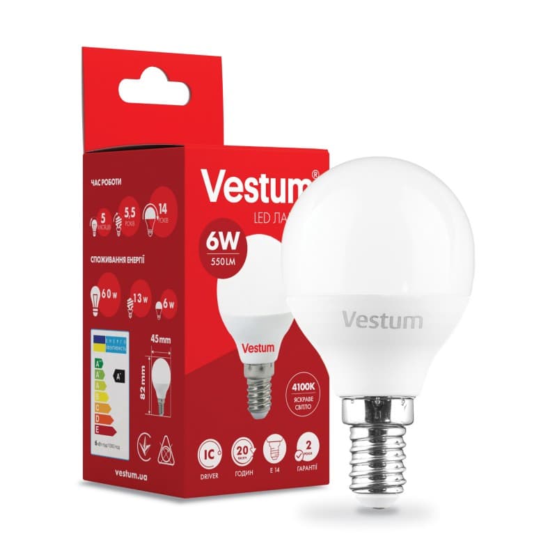 Лампа LED Vestum G45 6W 4100K 220V E14 1-VS-1203