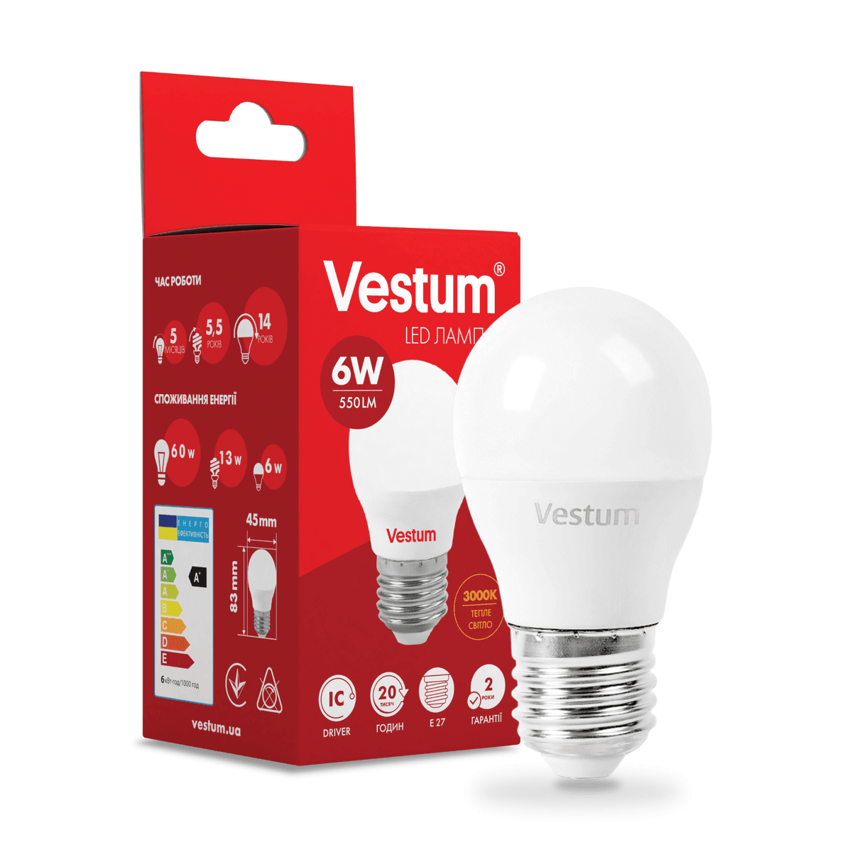 Лампа LED Vestum G45 6W 3000K 220V E27 1-VS-1202