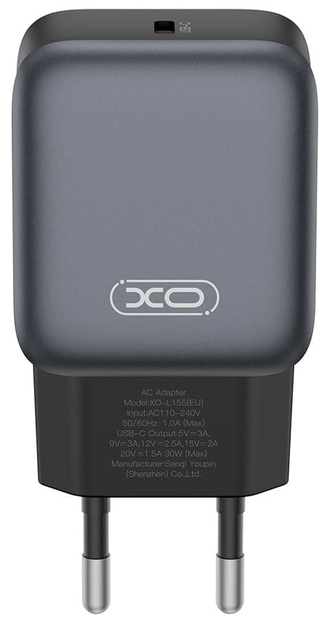 Зарядний пристрій мережевий XO L155 - 30W PD Single port USB-C (Чорна)