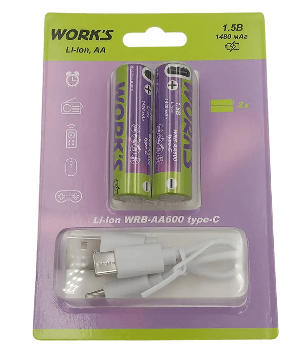 Батарейка акум.-Li-ion WRB-AA600/AA/type-c.1480mAh.1000ц.2шт в бліст.WORKS