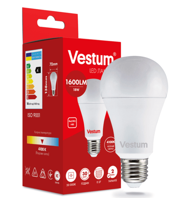 Лампа LED Vestum A70 18W 4100K 220V E27 1-VS-1111